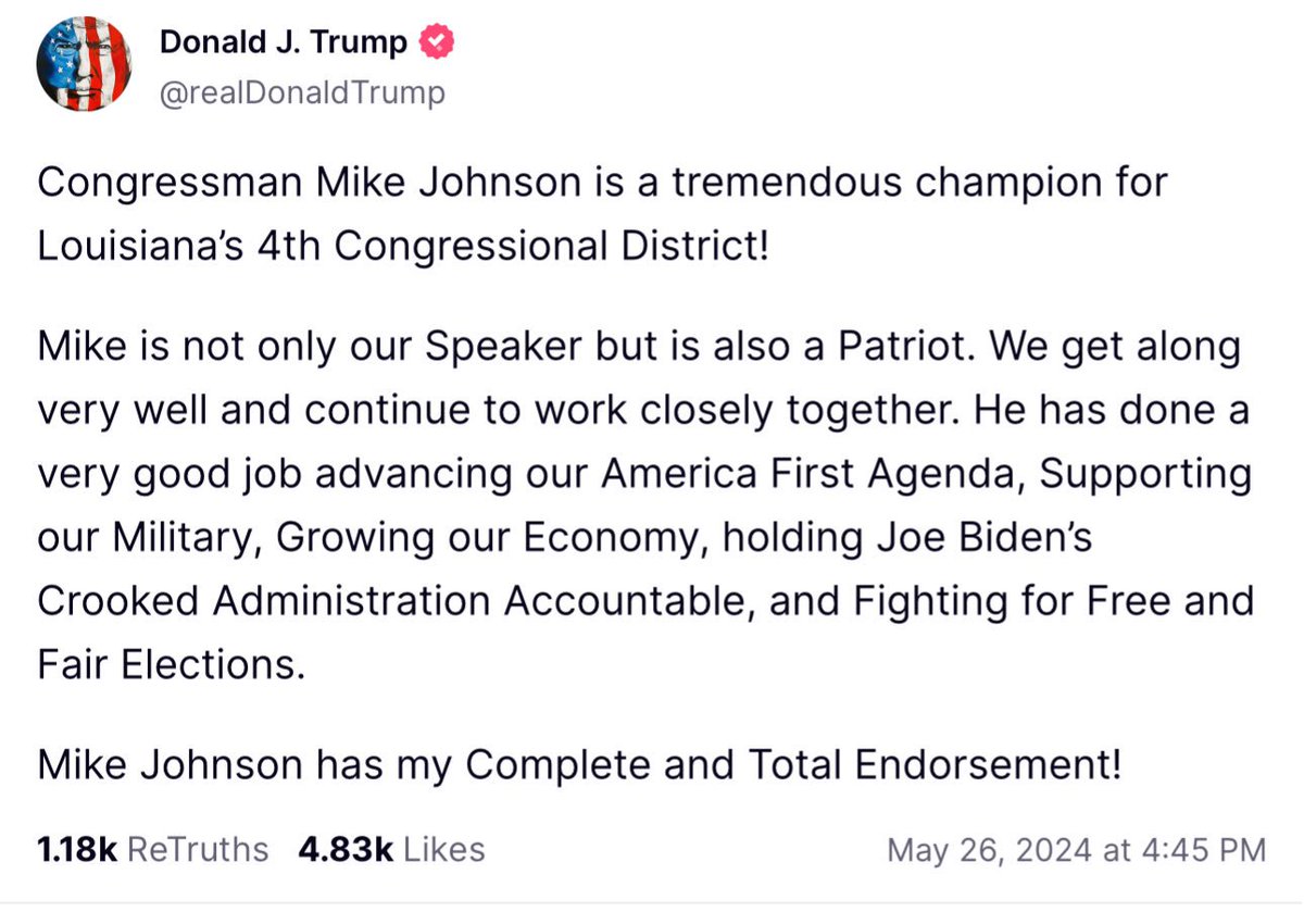 Why hasn't this gone viral yet? Donald Trump endorsed the Speaker of the Uniparty, Mike Johnson. Does everyone need a reminder of the bills passed recently? 

Mike Johnson ...  
- has done nothing about the border. 
- lied about releasing the Jan 6 tapes. 
- gave Democrats