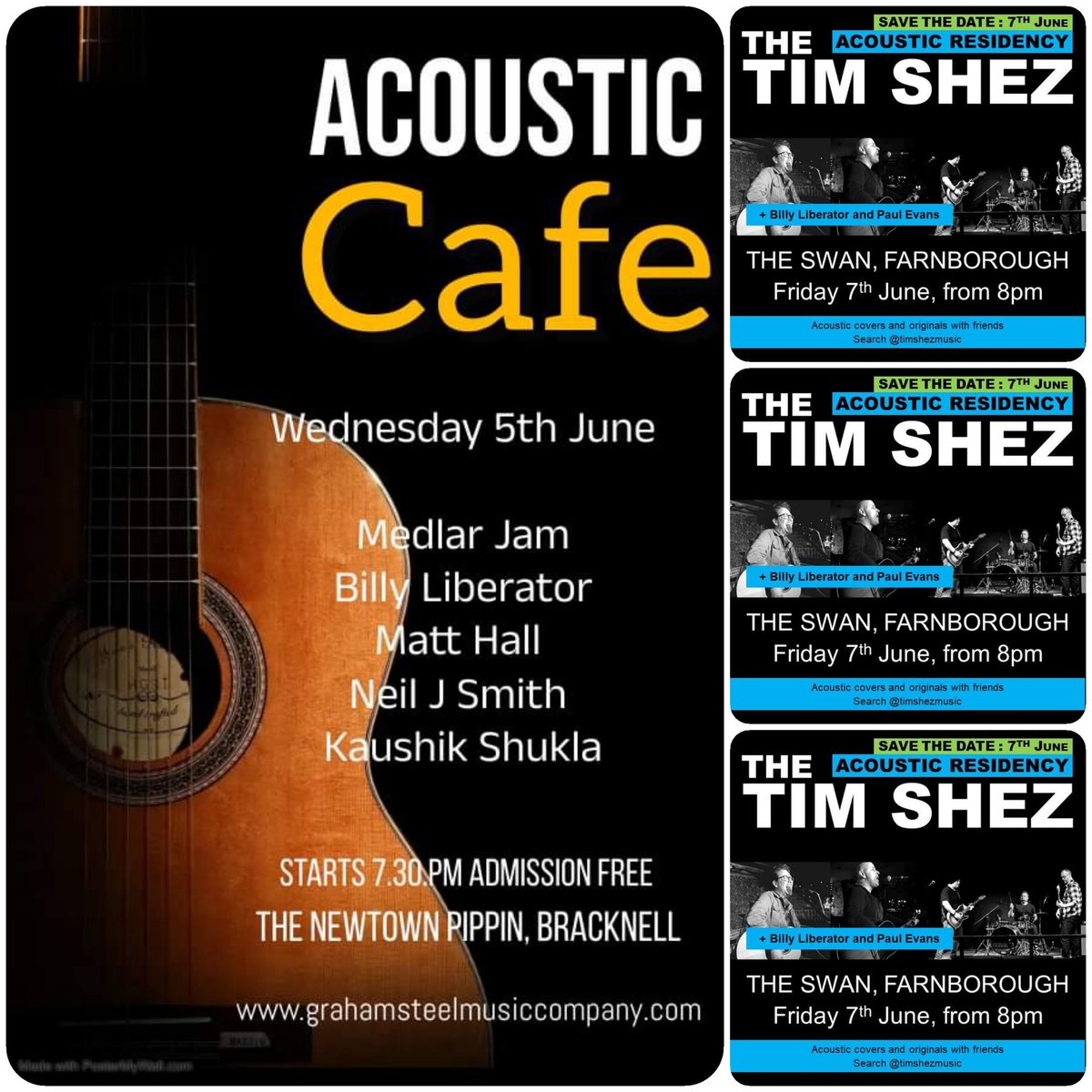 Next week ....two great gigs ....The Newtown Pippin Bracknell on Wednesday evening courtesy of the Graham Steel Music Company and The Swan, Farnborough on Friday where  my good friend Paul Evans and I will be opening for our pals The TIM SHEZ Band!
Free Entry for both events 👍💥