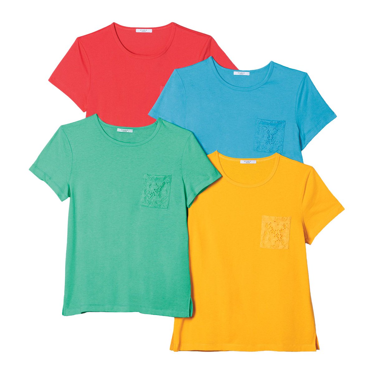 fashion_erica's tweet image. Avon 4 Pack Lace Pocket Tees: bit.ly/3NPxfov ❤️💙💚💛 Crewneck tees that are anything but basic. Lace chest pockets add romantic interest to casual short-sleeve styles. #avonrep #basictee