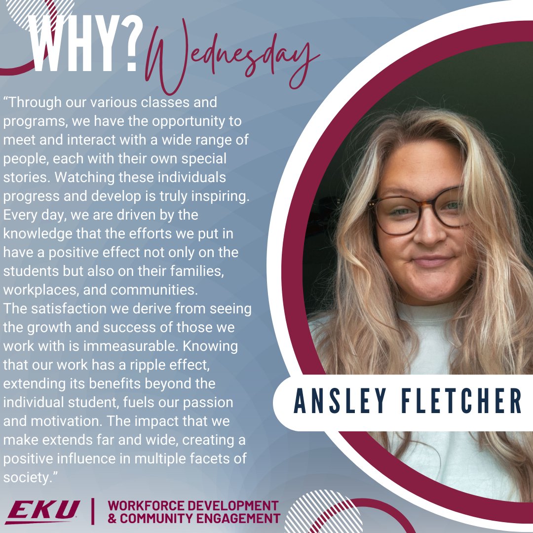 #WhyWednesday 🌟
Today, Ansley shares her passion for her job!
Discover what drives her dedication and love for what she does every day.
-
#eku #Colonels #GoBigE #communityed #communityengagement #workforcedevelopment #PassionForWork #Inspiration #EmployeeSpotlight