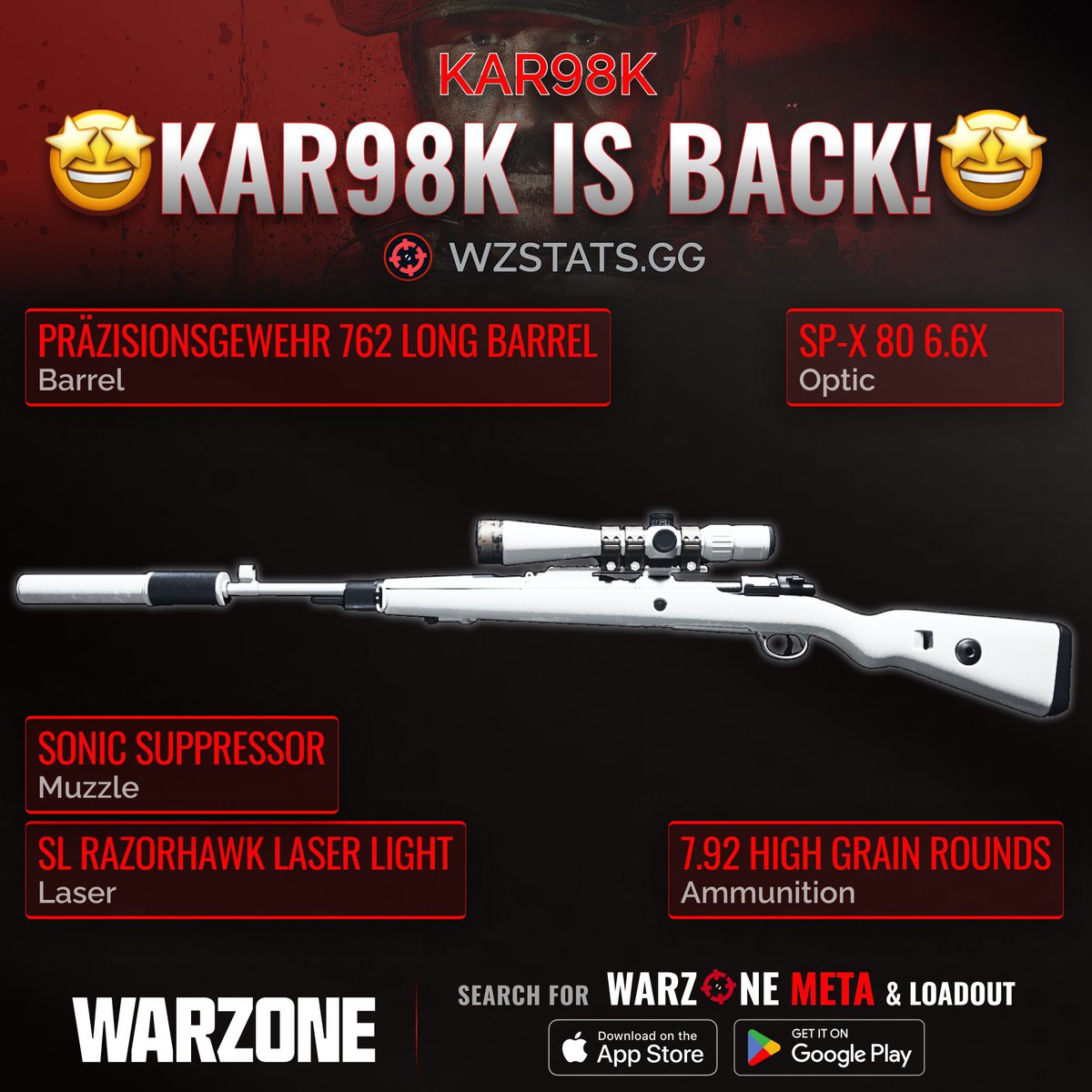 WZStatsGG's tweet photo. ‼️🚨 #1 KAR98K META LOADOUT IN WZ🚨‼️

🤩 The KAR98K META IS BACK in #Warzone!

🥇 It is SUPER GOOD! Close to the OG KAR98K in Warzone 1 after the nerf! 🔥

✅ One Shot Headshot up to 86 meters
✅ Super Fast ADS Speed
✅ High Velocity (985 m/s)
✅ High Aim Assist
✅ High Mobility https://t.co/4aEA7vdbOR