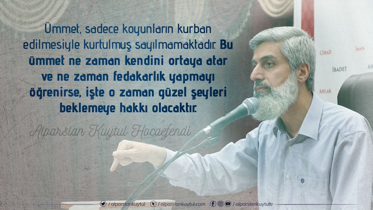 Ümmet, sadece koyunların kurban edilmesiyle kurtulmuş sayılmamaktadır. Bu ümmet ne zaman kendini ortaya atar ve ne zaman fedakarlık yapmayı öğrenirse işte o zaman güzel şeyleri beklemeye hakkı olacaktır.

Kurban Teslimiyettir