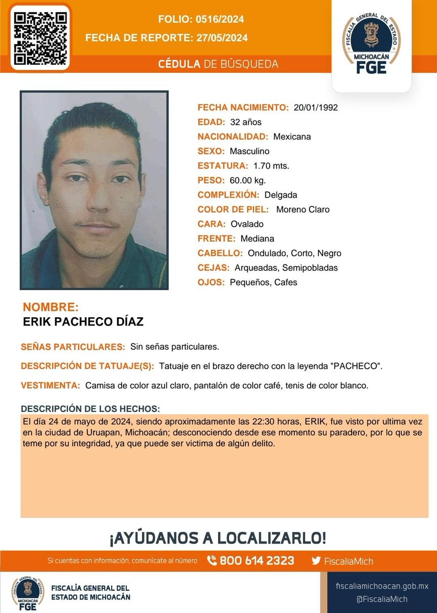 ⚠️🟠 Solicitamos su apoyo para la #búsqueda y #localización ERIK PACHECO DÍAZ de 32 años de edad. #Ayúdanos a encontrarlo. #Comparte @botDesaparecidx #FGEMich