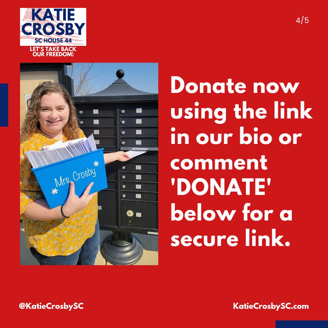 CrosbyForSC's tweet photo. We're nearing our end-of-month fundraising deadline and need your support! Can we count on you to donate $10 today? Click the link in our bio or comment 'DONATE' below for a secure link. Together, we can take back our freedom!
#DonateToday #TeamKatie #TakeBackOurFreedom #SC44 https://t.co/aVfs1QPDa9