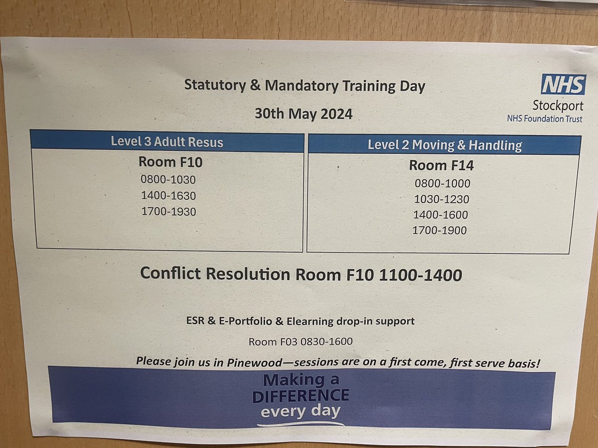 Mandatory training day tomorrow. No need to book. Please see photo for times and sessions <a href="/stockportskills/">Clinicalskills@stockport</a> <a href="/JoMartin007/">#hellomynameisJo</a> <a href="/MSTherapySHH1/">Medicine/Surgery Therapy Team SHH</a> <a href="/HCAsStockport/">HCSWs<a href="/StockportNHS/">Stockport NHS FT</a>FT</a> @StockportNHS