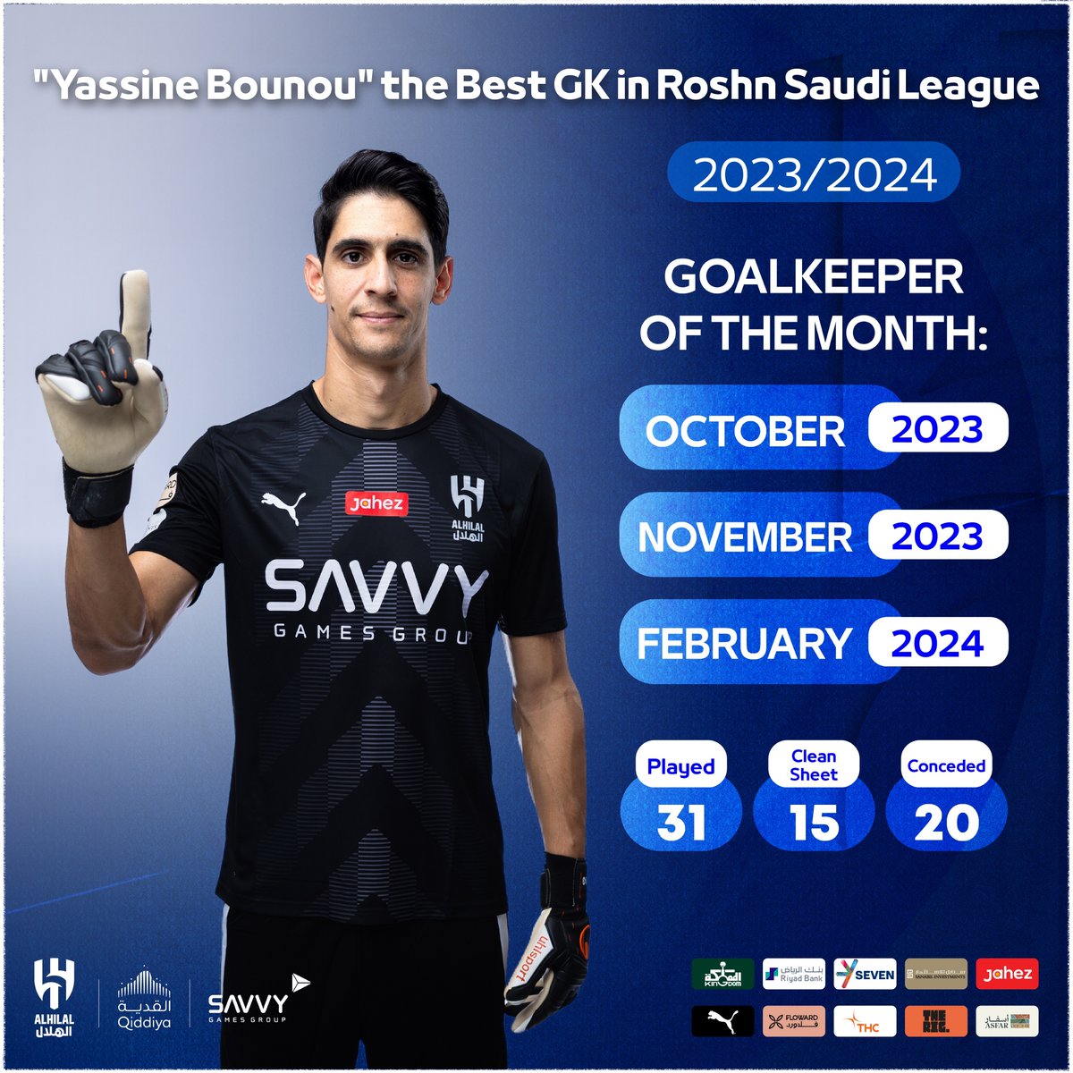 🧤 #AlHilal’s Great Wall “Yassine Bounou” Wins the Best GK in Roshn Saudi League 💙🥇