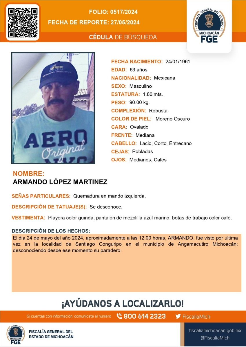 ⚠️🟠 Solicitamos su apoyo para la #búsqueda y #localización ARMANDO LÓPEZ MARTINEZ de 63 años de edad. #Ayúdanos a encontrarlo. #Comparte @botDesaparecidx #FGEMich