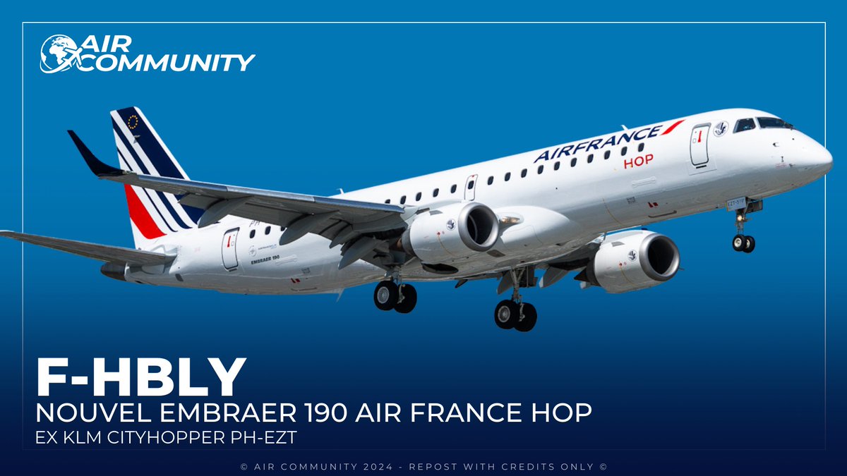 🚨Information Air Community🚨
@airfrance HOP! vient de recevoir son 25ème @embraer 190 ✈️
L’appareil est immatriculé F-HBLY et a été convoyé vers le centre de maintenance de la compagnie à Clermont-Ferrand (CFE) depuis Varsovie (WAW) dans la matinée après avoir été peint aux