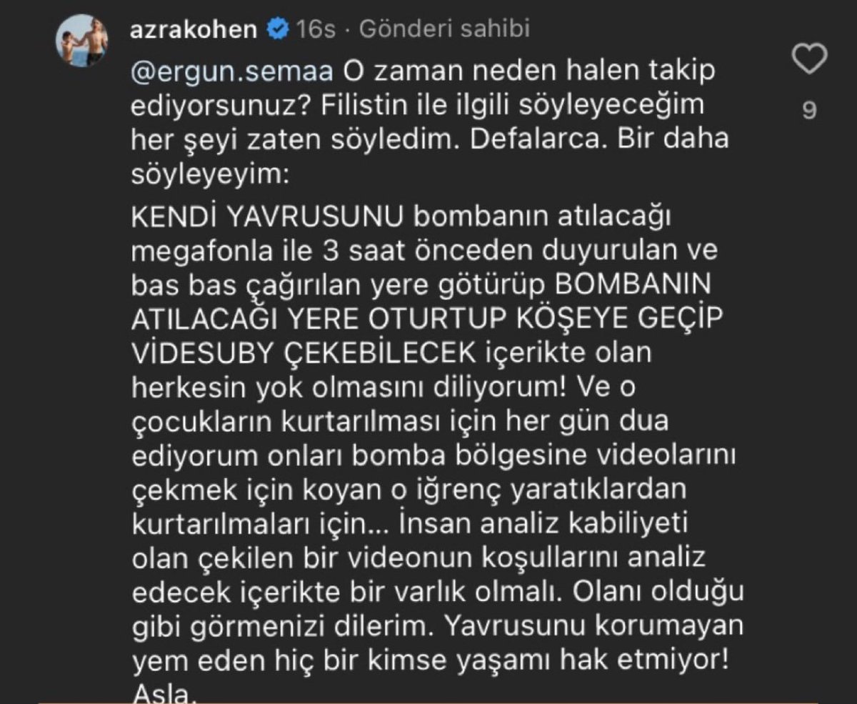 Bir siyonistin düşünce sistemi nasıldır? Azra Kohen siyonistlerin neden tüm insanlık için tehlike olduğunu açıkça gösteriyor. İşgal, tehcir, toplama kampı, soykırım vb. Filistinlilerin suçuymuş. Çocuklarını bilerek öldürtüyorlarmış. Yüce Allah tüm siyonistleri kahretsin, seni de!