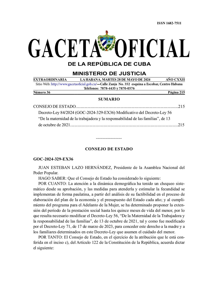 ❤️👩‍🍼👨‍🍼 Aprobada la extensión del período de la prestación social hasta los 15 meses de vida del menor. . . 🤓 Lea la nueva norma jurídica que respalda su entrada en vigor, el Decreto-Ley 84/2024 publicado en la Gaceta Oficial Extraordinaria No 36 .