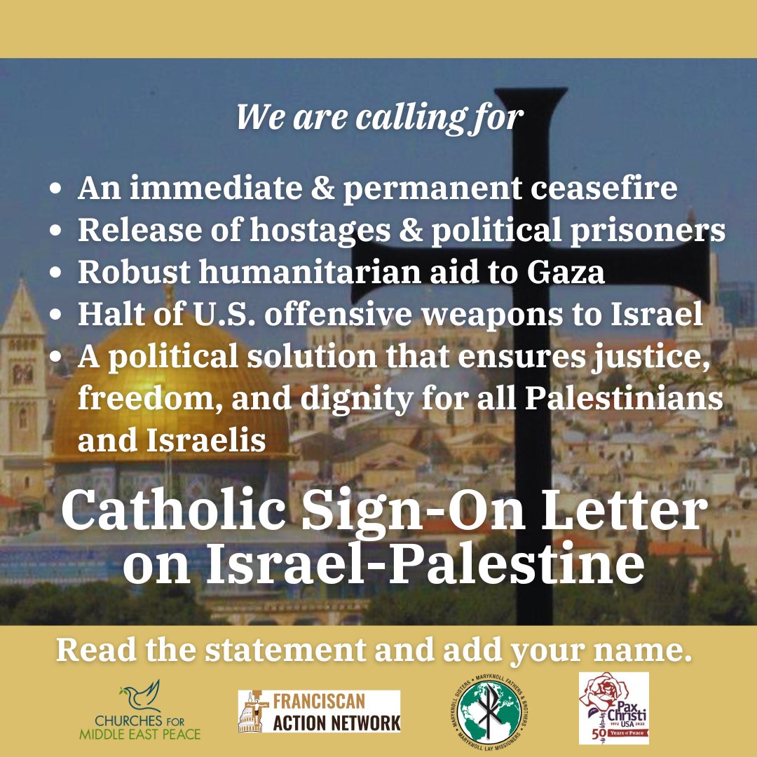 This is a letter signed by thousands of Catholics calling for peace in Israel and Palestine. 

'We invite any and all Catholics to sign this letter and join us in sharing this message.' 

docs.google.com/document/d/16K…