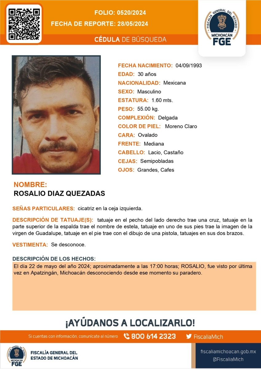 ⚠️🟠 Solicitamos su apoyo para la #búsqueda y #localización ROSALIO DIAZ QUEZADAS de 30 años de edad. #Ayúdanos a encontrar