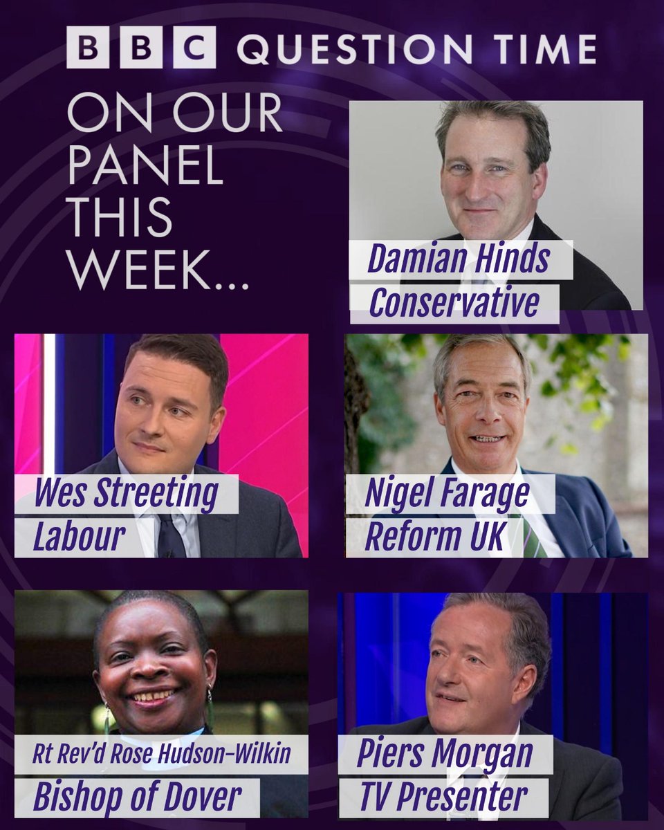 #bbcqt continues its tradition of constantly platforming Nigel Farage. He is leader of a pseudo-political party which is a private company he owns 53% of the shares in. And he is not standing in this election & said the US matters more. But @bbcquestiontime can't stop themselves.