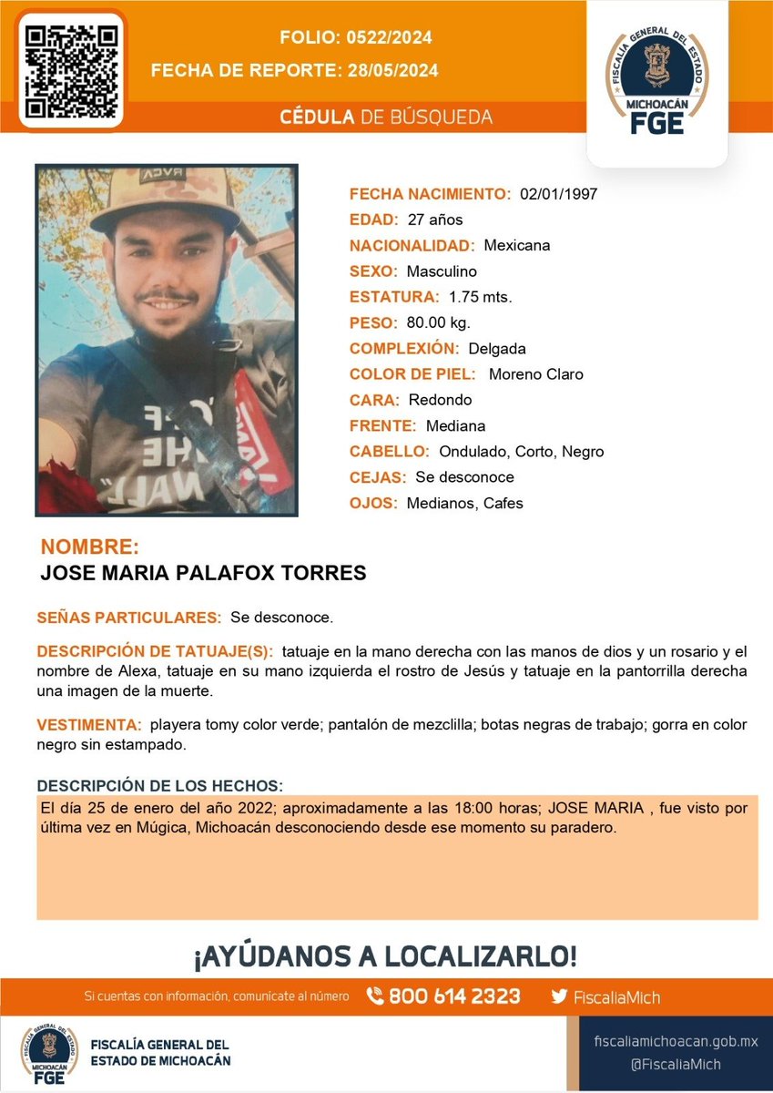 ⚠️🟠 Solicitamos su apoyo para la #búsqueda y #localización JOSE MARIA PALAFOX TORRES de 27 años de edad. #Ayúdanos a encontrarlo. #Comparte @botDesaparecidx #FGEMich