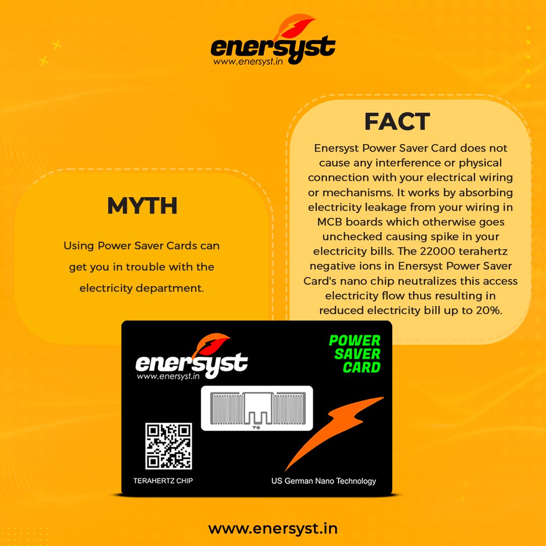 Think Power Saver Cards will get you in trouble? ⚡️Think again! Enersyst Power Saver Cards work their magic without interfering with your wiring. They absorb leakage, neutralize excess flow, and cut your bills by up to 20%.

Order now at enersyst.in. 🛒
#MythBusted