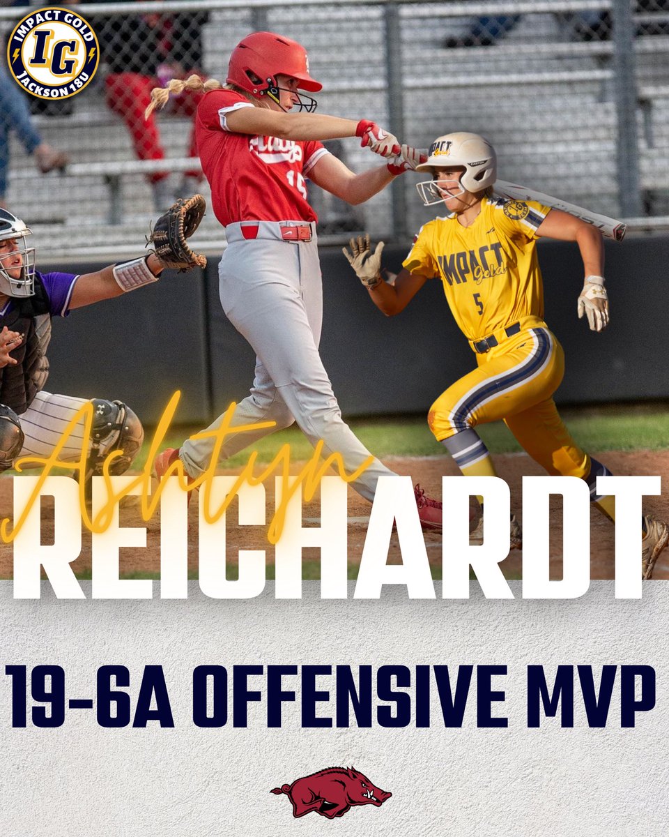 One of the top hitters in the country!!🏅 Congratulations to our Arkansas signee @ashtynreichardt for being named the 19-6A Offensive MVP!!! Way to go Ash!! #betheimpact #trusttheprocess #goldblooded #igjackson18u