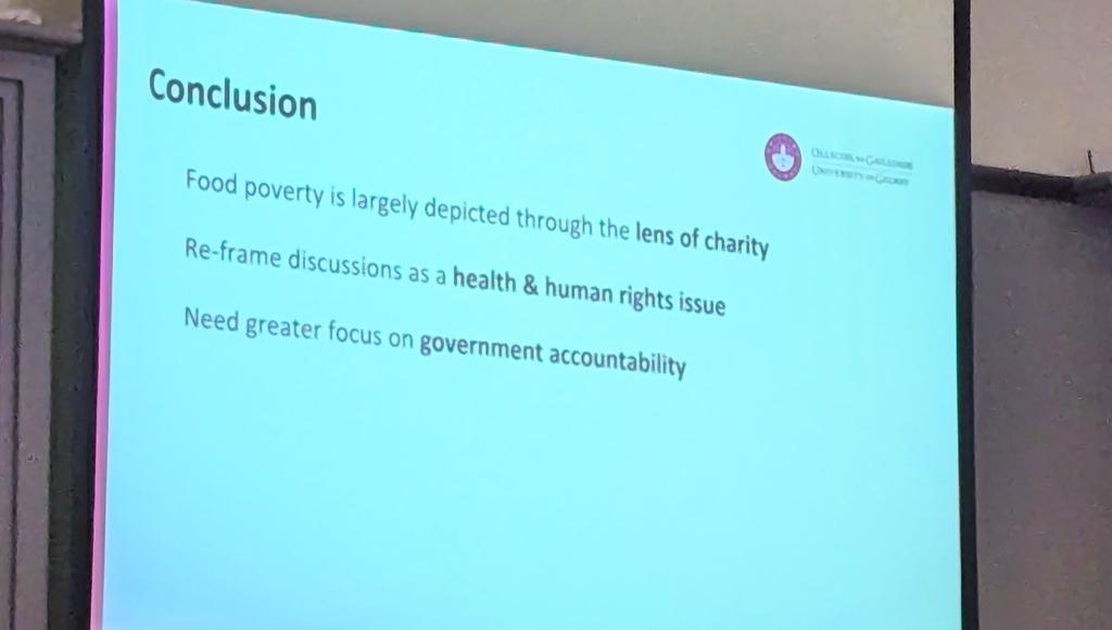 Really great talk by <a href="/claire_kerins/">Claire Kerins</a> at the <a href="/GalwayCMNHS/">University of Galway CMNHS</a> Future Research Day focusing on how the media in Ireland communicates food poverty and its role in the national discourse.  

Particularly interesting were the differences in perceived food poverty causes between NI and ROI.