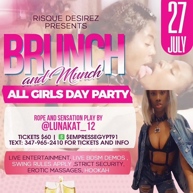 Saturday July 27th, 2024🎉 This event is curated for Ladies ONLY 🌈 ‼️Get ready for an ultra sexy day party and all inclusive brunch.
Tickets $60 : Price includes Brunch , Admission to the Day party and the Slut Me Out Summer Cum Fest 🎉

Ask about the afterparty