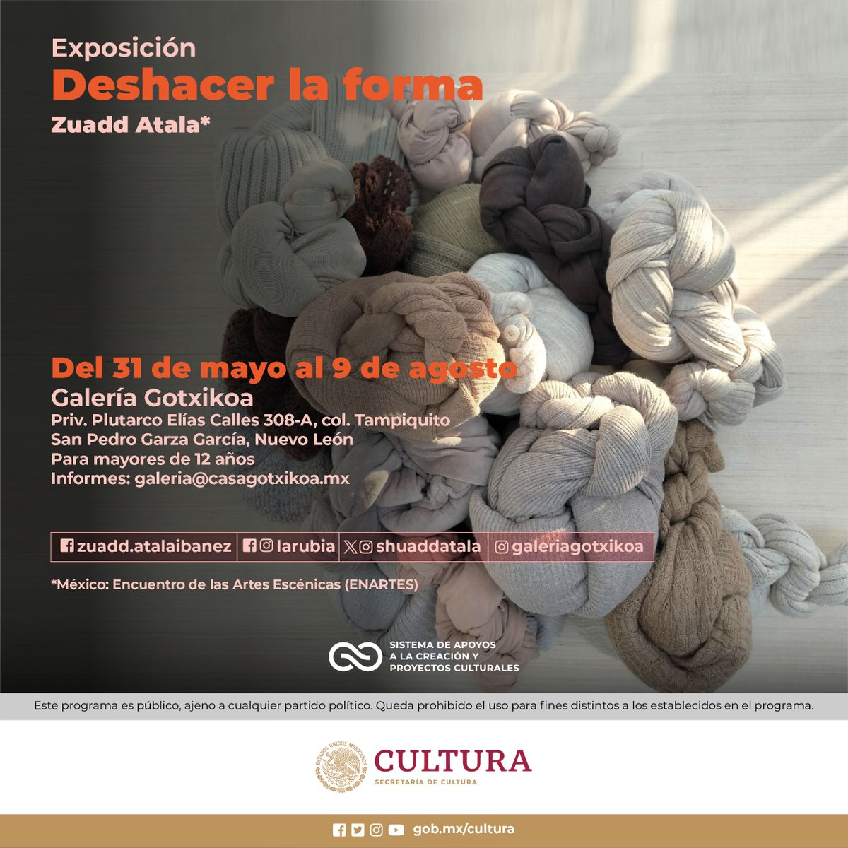 😍"Deshacer la forma" consiste en una intervención del espacio por distintos proyectos con elementos coreográficos y plásticos en los cuales se construyen paisajes y esculturas efímeras. Presenta <a href="/ShuaddAtala/">Zuadd Atala Ibáñez</a> (Enartes).

📅31 de mayo a 9 de agosto
📍Nuevo León

<a href="/cultura_mx/">Secretaría de Cultura</a>