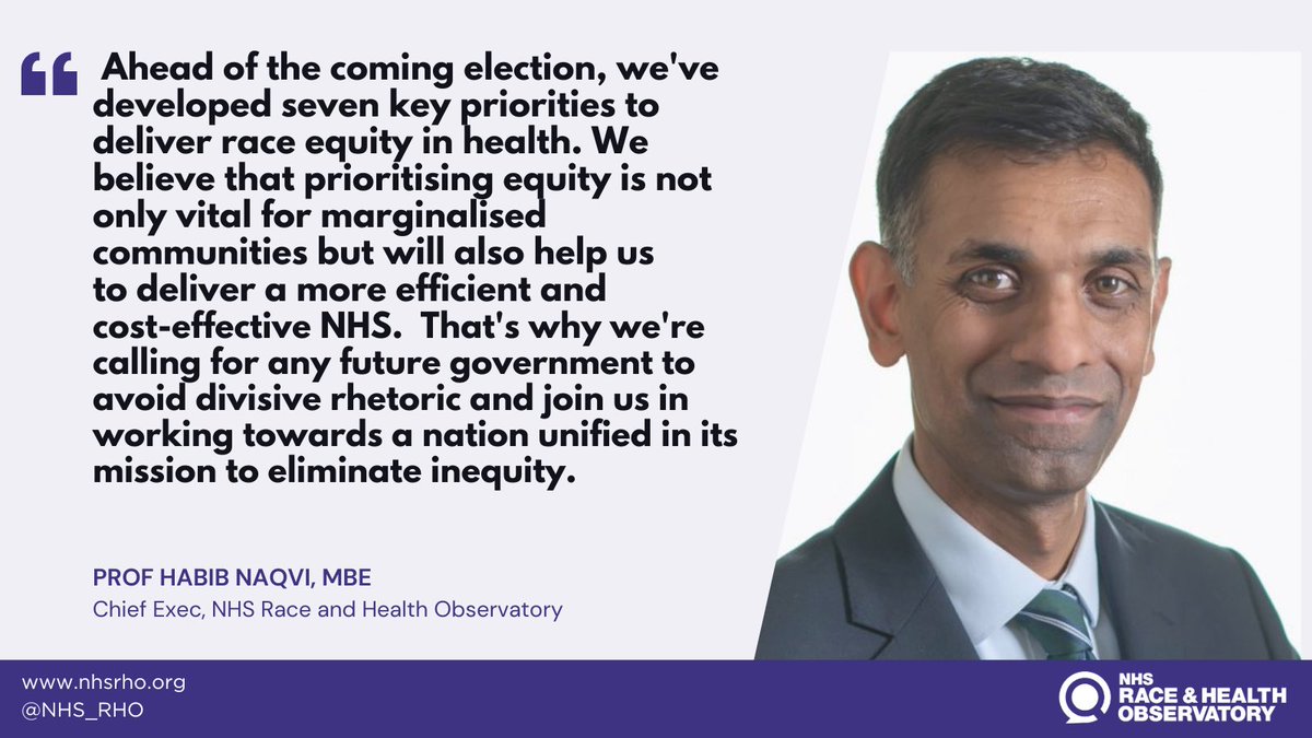 Ahead of the July general election, we’ve identified 7 key priorities to deliver race equity in health. Read our ‘Manifesto for Race and Health: Seven Priorities for a New Government’ here: nhsrho.org/wp-content/upl…