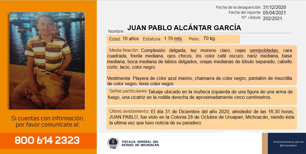 ⚠️🟠 Solicitamos su apoyo para la #búsqueda y #localización JUAN PABLO ALCÁNTAR GARCÍA de 18 años de edad. #Ayúdanos a encontrarlo. #Comparte @botDesaparecidx #FGEMich