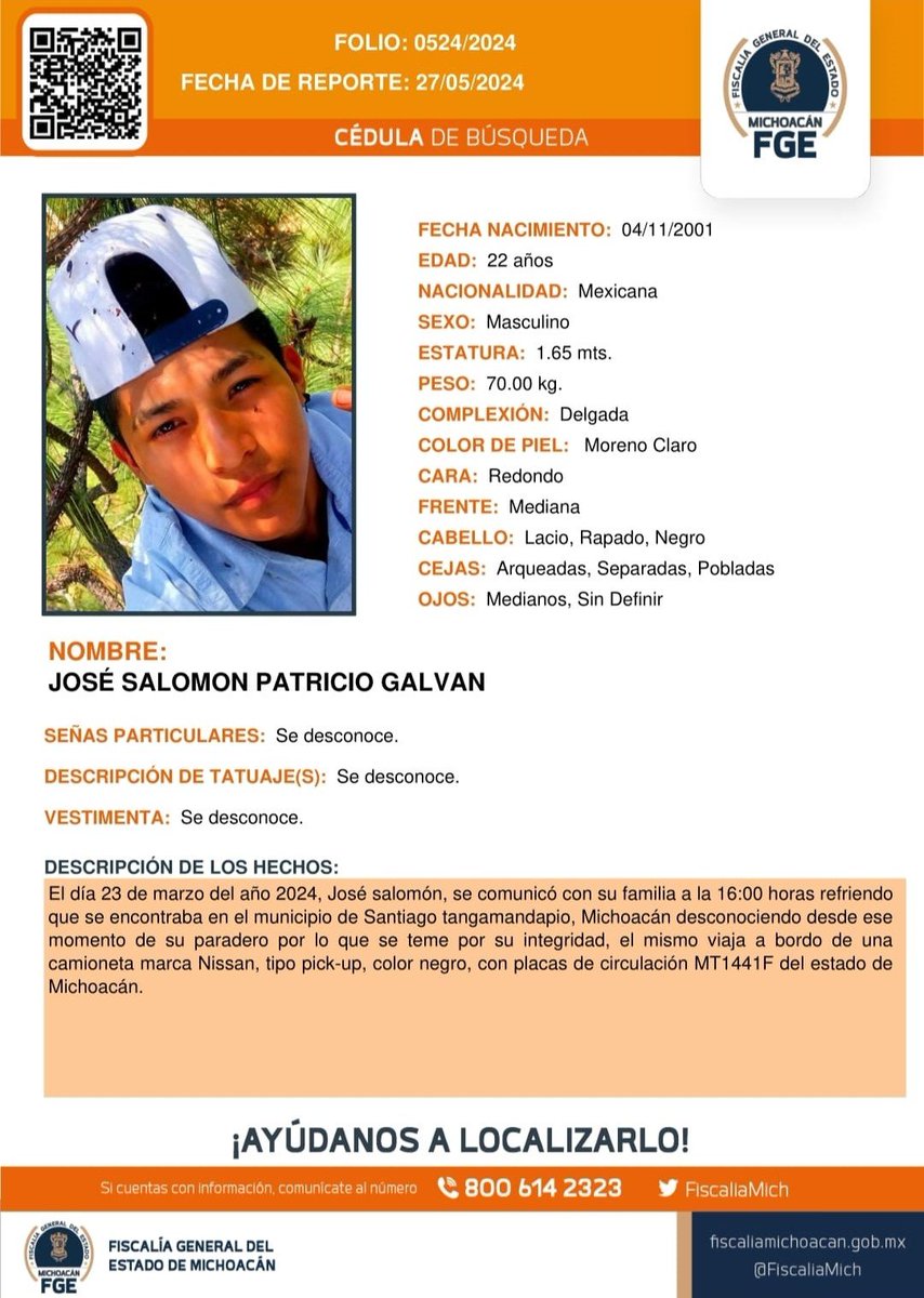 ⚠️🟠 Solicitamos su apoyo para la #búsqueda y #localización JOSÉ SALOMON PATRICIO GALVAN de 22 años de edad. #Ayúdanos a encontrarlo. #Comparte @botDesaparecidx #FGEMich