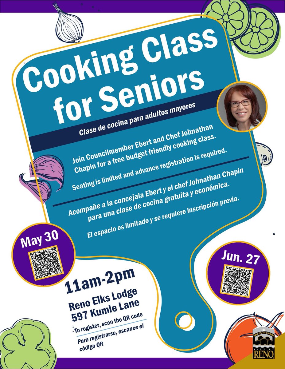 There's still time to register for the free budget-friendly cooking class for Seniors! The class is tomorrow, May 30, and starts at 11a at the Reno Elks Lodge. Seating is limited and advance registration is required.
Sign up here: bit.ly/3wDoR5Z