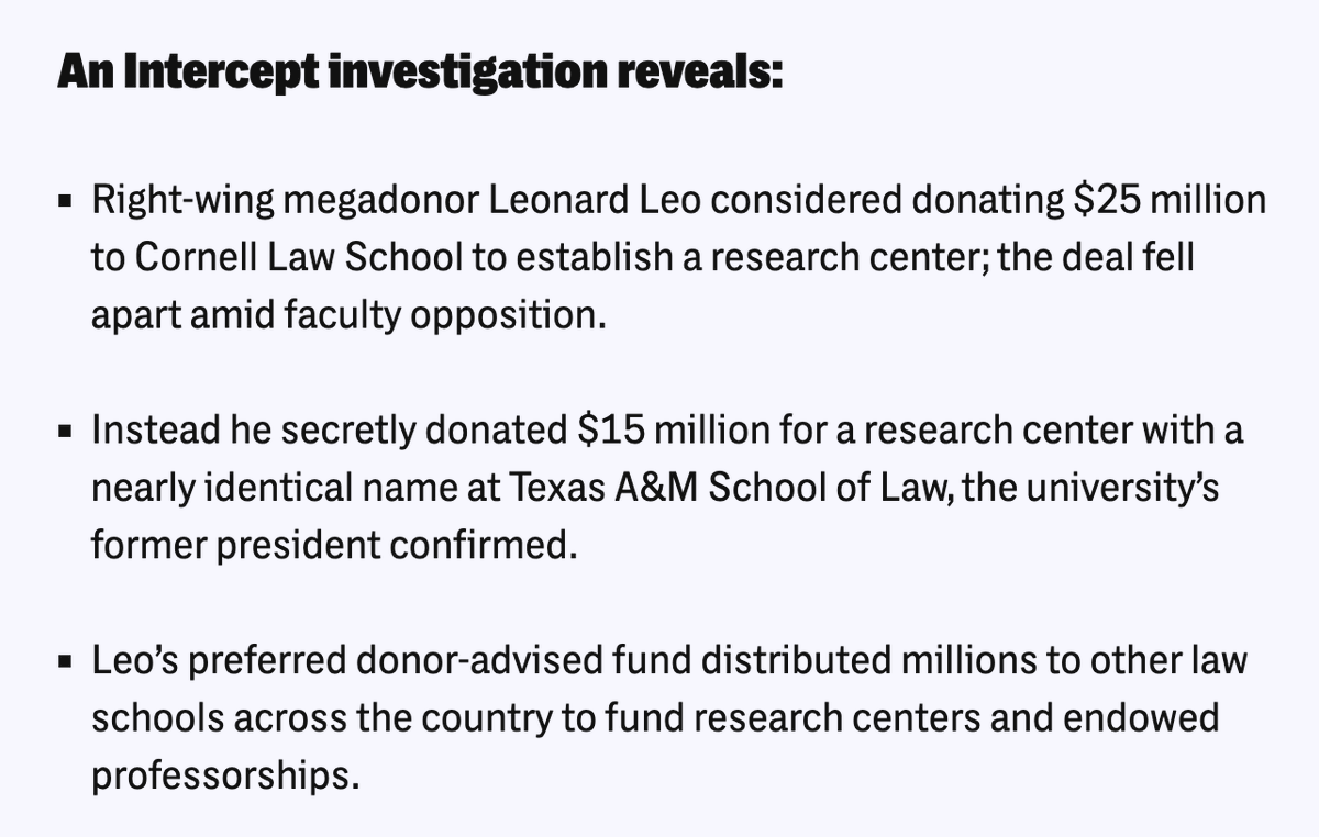 🚨 NEW: Leonard Leo's dark cash hijacks legal academia. Ditched by Cornell after a $25M pitch, he funneled $15M into Texas A&M to push right-wing law under the radar. Leo's sneaky money is reshaping our courts right under our noses. 🔗: theintercept.com/2024/05/29/leo… via @theintercept