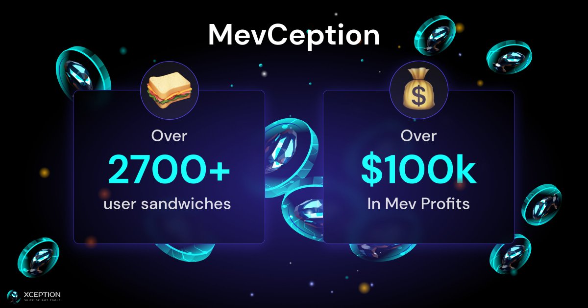 Our users have made over 2700 sandwiches 🥪 with over $100k 💰in #mevbot profits A fantastic millstone achieve. We looking to many more user sandwiches🥪 and #mevbot profits. t.me/XCeption_bot