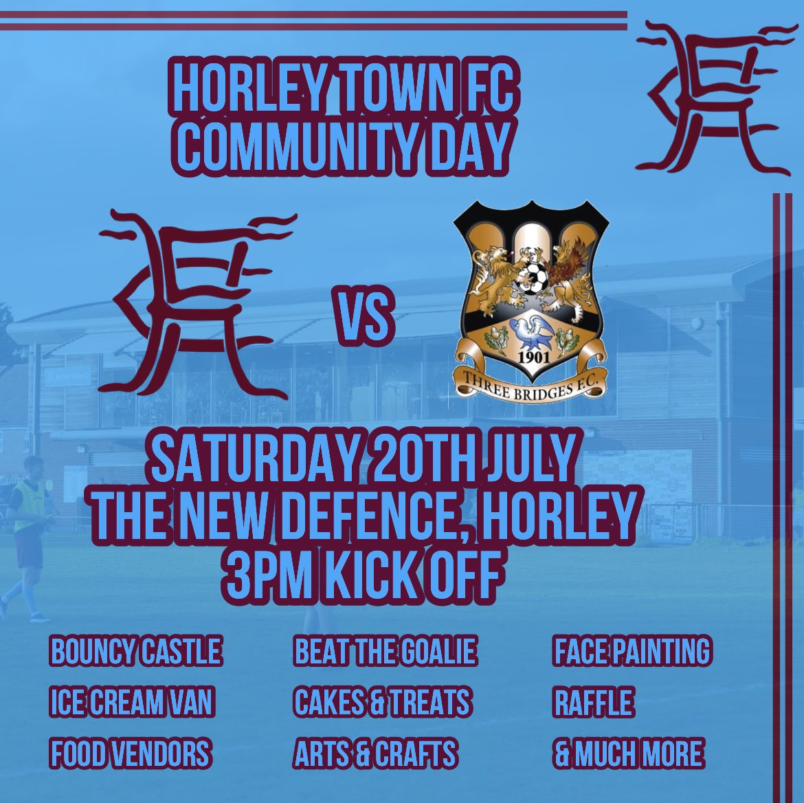 𝟯/𝟱: 𝗛𝗧𝗙𝗖 𝗖𝗼𝗺𝗺𝘂𝗻𝗶𝘁𝘆 𝗗𝗮𝘆

Announcing our first HTFC Community Day! 

Saturday 20th July we will host @ThreeBridgesFC at The New Defence.

𝗙𝗿𝗲𝗲 𝗘𝗻𝘁𝗿𝘆 𝗧𝗼 𝗔𝗹𝗹!

There will be inflatables, beat the goalie, face painting, sweet treats & more.

#HTFC🟣🔵