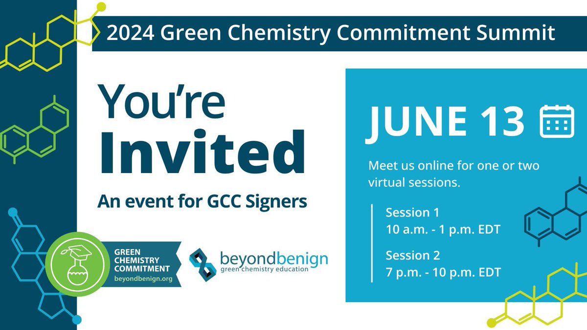 GCC signers! Join Beyond Benign & the #GreenChemistry community at the annual GCC Summit on 6/13. Members, students, & staff from GCC signing institutions will receive an invitation to the GCTLC by 6/11. If you haven’t yet, become a GCTLC member: buff.ly/459n0CT