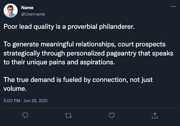 TaMonroeDigital's tweet photo. Poor lead quality is a proverbial philanderer. 

To generate meaningful relationships, court prospects strategically through personalized pageantry that speaks to their unique pains and aspirations. 

The true demand is fueled by connection, not just volume. https://t.co/hSknt9y5UF
