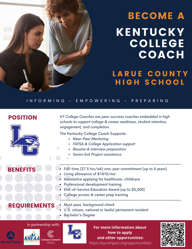 We're now hiring for #KentuckyCollegeCoach at #LaRueCountyHighSchool! Visit kycompact.org/opportunities for more info! #KentuckyJobs #JobOpportunity #KCC #KyCC #EngageKY #AmeriCorps #KHEAA #Education #CollegeAccess #StudentSuccess #CommunityImpact