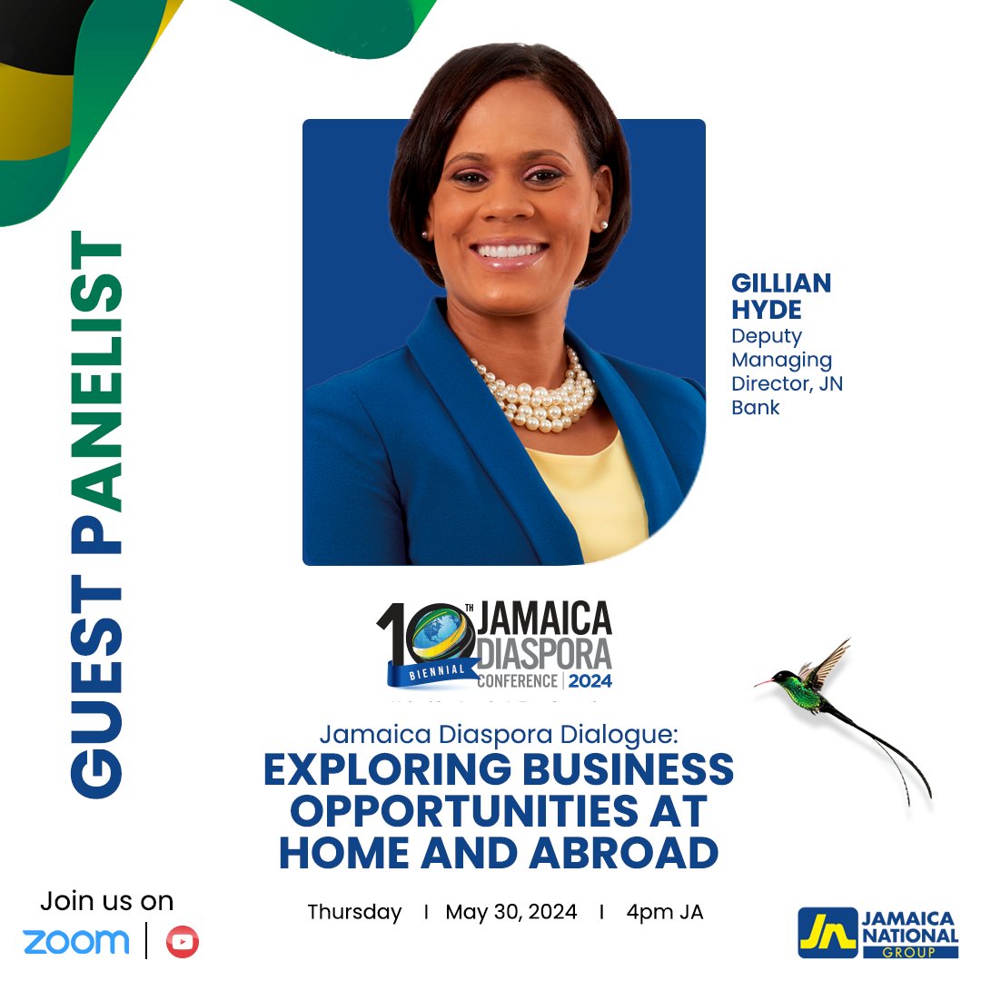 Gillian Hyde, Deputy Managing Director at JN Bank, will be among our panelists for the pre-conference Webinar: Jamaica Diaspora Dialogue – ‘Exploring Business Opportunities at Home and Abroad.’