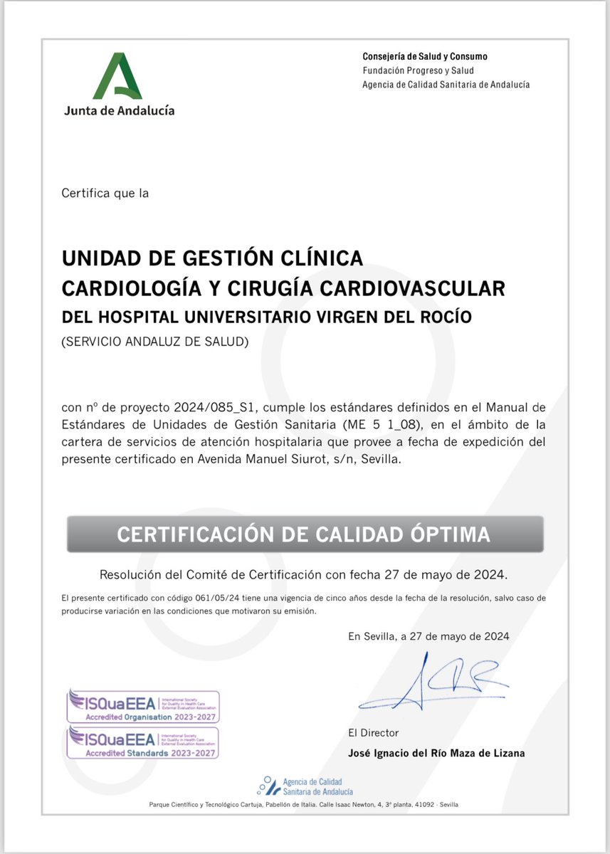 ♥️ Subimos de nivel de acreditación por @calidadACSA 
Ya Somos Óptimo, primer servicio de cardiología de Andalucía en conseguirlo…siempre caminando hacia la
Excelencia… @saludand @SACardiologia