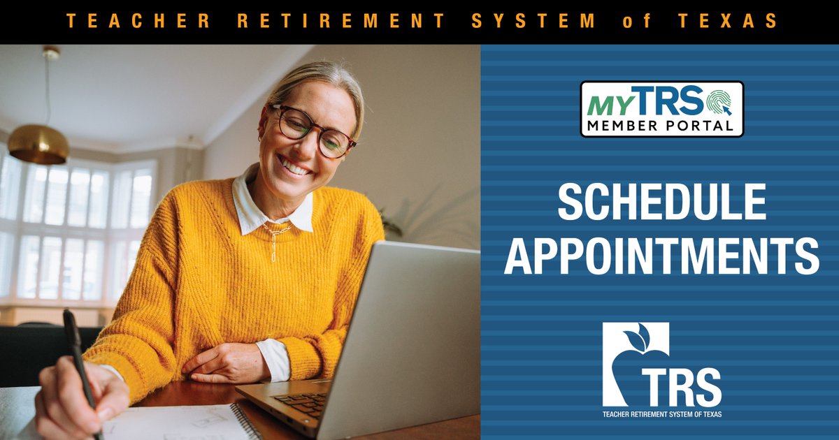 Take advantage of MyTRS features with just a few clicks! You can RSVP for one-on-one counseling appointments, group benefit presentations, and virtual retirement forms sessions. Take control of your retirement by logging in to your MyTRS account today: mytrs.texas.gov/MbrSelfService.