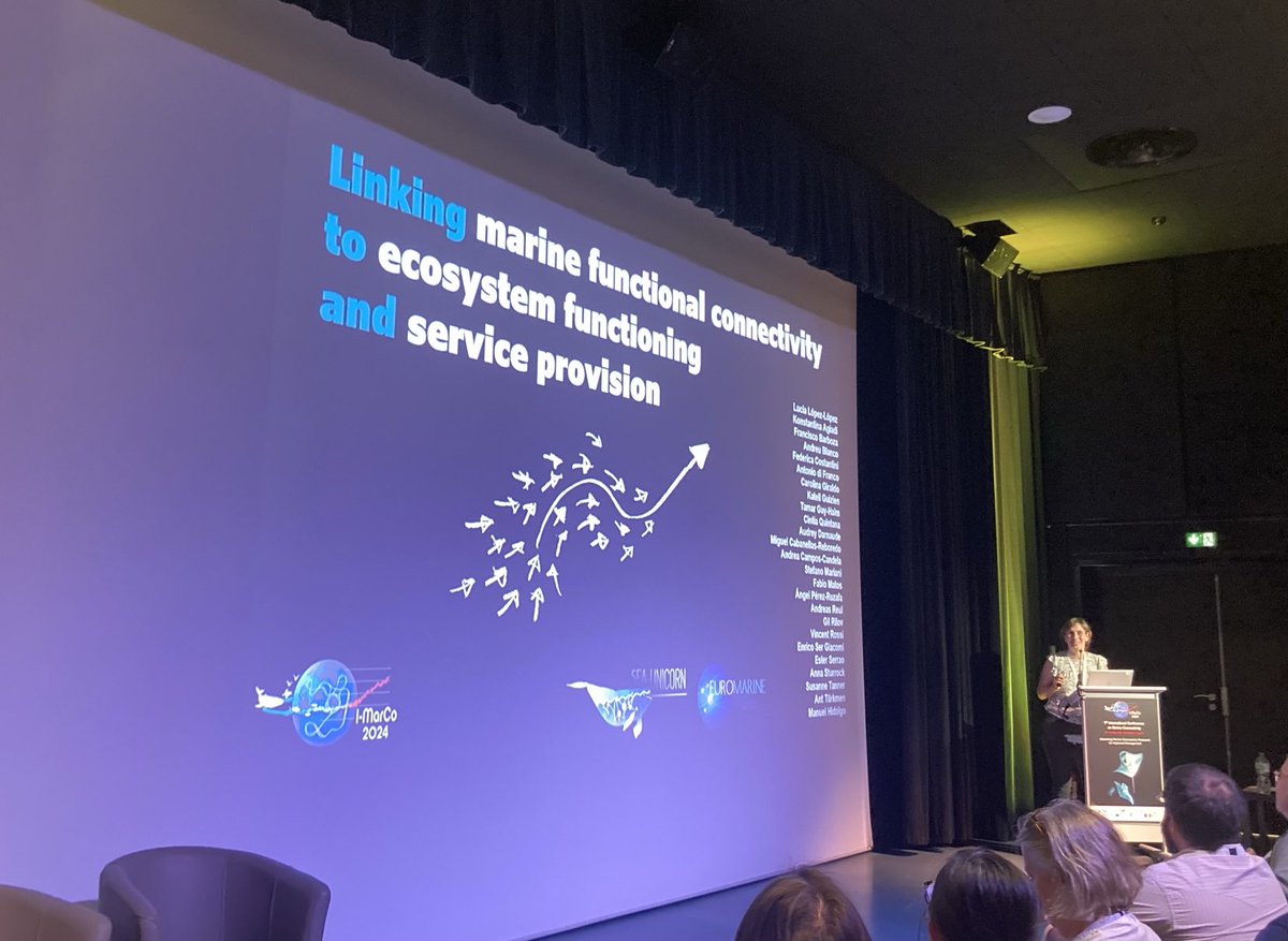 ADarnaude's tweet image. ⁦ ⁦@SeaUnicorn2020⁩ working group 2 coleader @lu_pez_lopez⁩ presents how marine functional connectivity can be linked to ecosystem functioning and service provision at the #imarco2024 conference