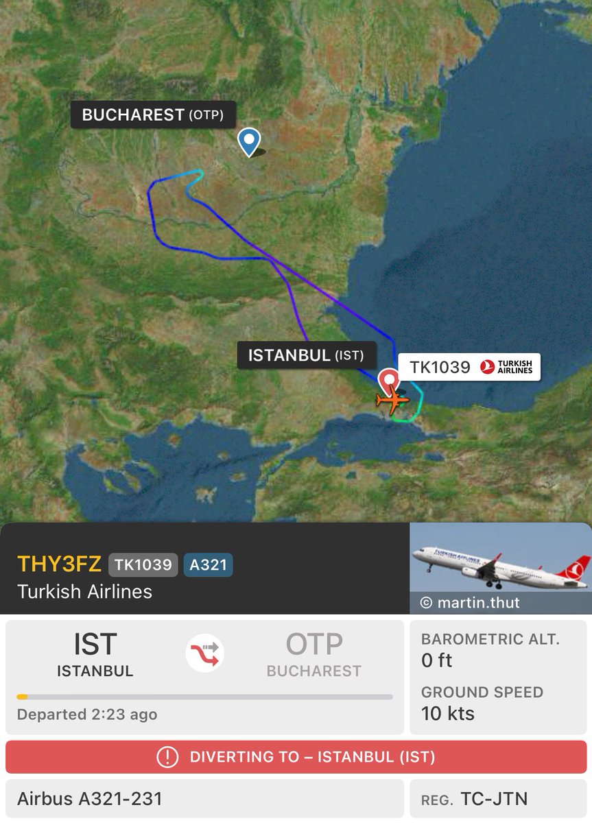 Türk Hava Yolları’nın #TK1039 İstanbul - Bükreş uçağı Bükreş’teki olumsuz hava koşulları sebebiyle İstanbul’a geri döndü. Bir çok Bükreş uçağı da hold pozisyonunda bekliyor.