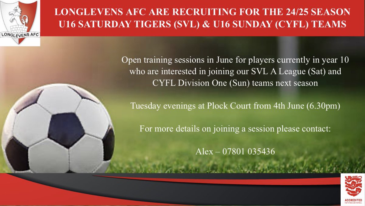 AlexBennettUK's tweet photo. @longlevensafc are running open training in June to recruit a couple of players for next seasons u16 Tigers (SVL A league) and Sunday (CYFL Div 1) teams.

DM me if you know a current Y10 player looking for a challenge and interested in trialing (details below) 👍🏼⚽️🔴⚫️ https://t.co/YJTsDBSova