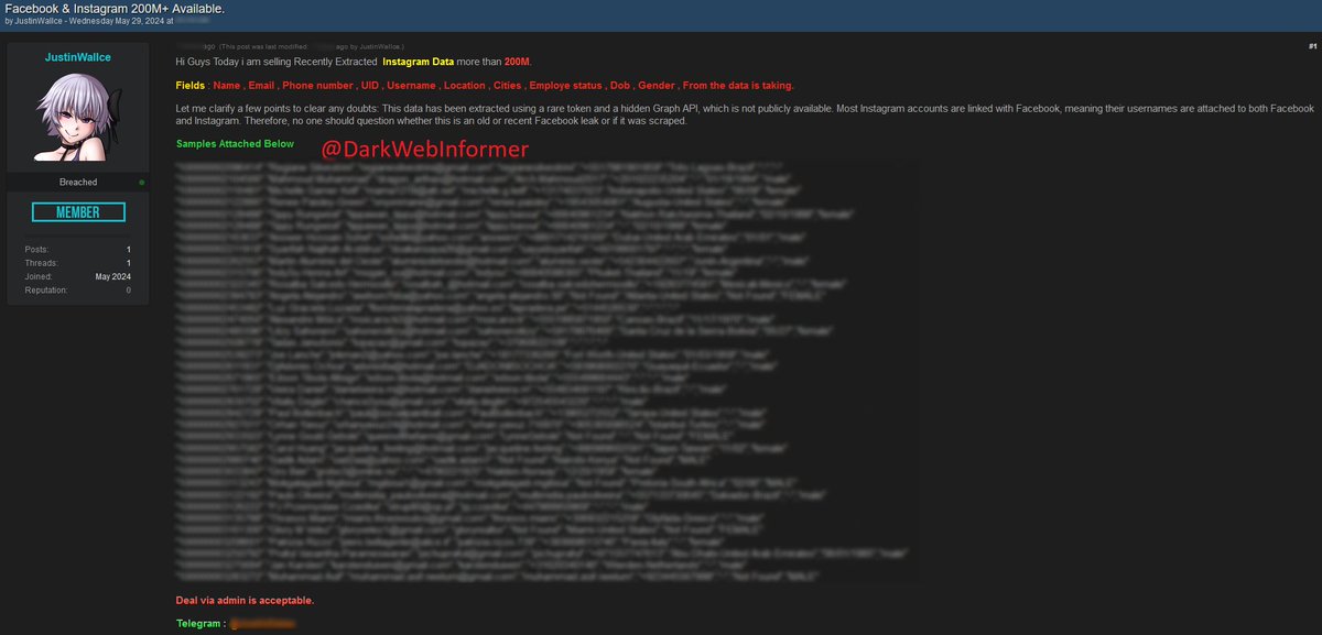 🚨DATA BREACH🚨A threat actor claims to have extracted more than 200 million recent records from Facebook and Instagram.

#DarkWeb #Cybersecurity #Security #Cyberattack #Cybercrime #Privacy #Infosec

Compromised Data: Name, Email, Phone number, UID, Username, Location, Cities,