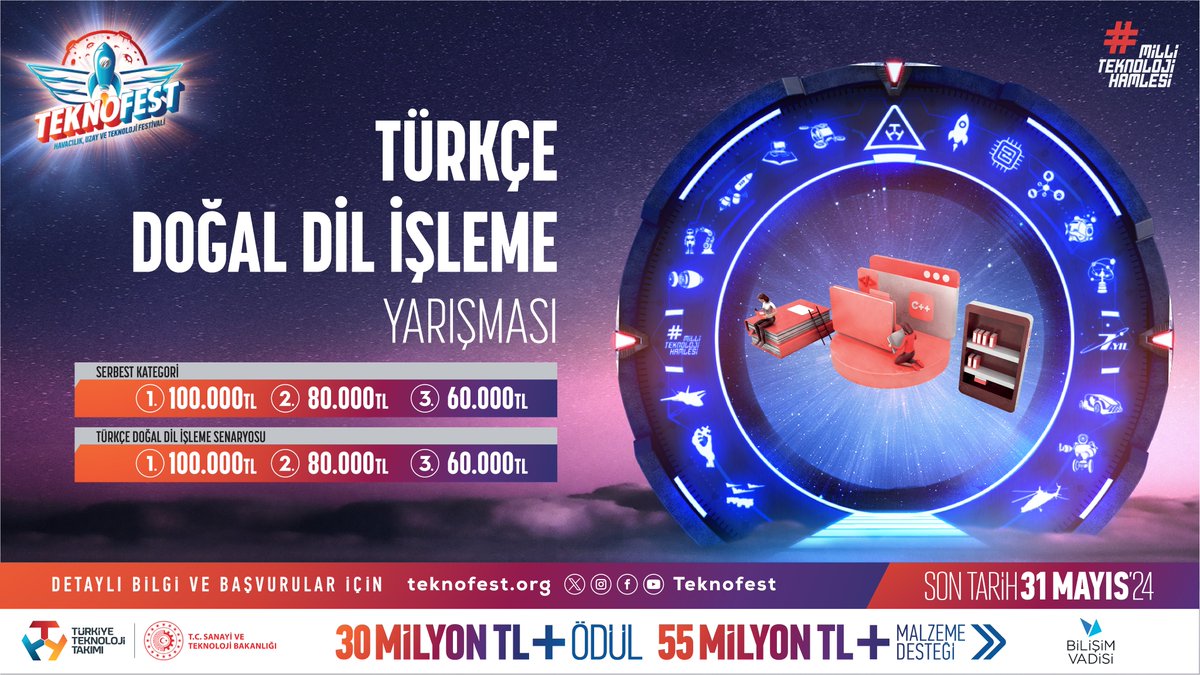 #TEKNOFEST2024 🚀 Türkçe Doğal Dil İşleme Yarışması başvuruları için SON 2️⃣ GÜN❗️ #TEKNOFEST ile Gelecek Sensin 🚀 🗓 Son Başvuru: 31 Mayıs 👉 mth.tc/TRDogalDil 🤝 @BilisimVadisiTR