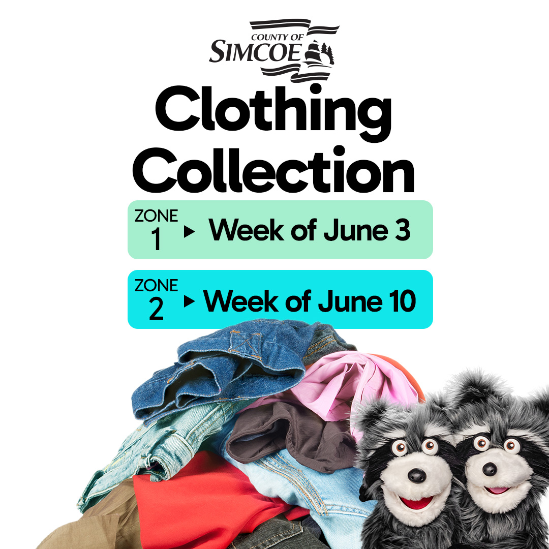 📅 Mark your calendars! #ClothingCollection is back in June! Zone 1 collection is June 3-7 & Zone 2 is June 10-14. ♻️ This year, we're making a change to #reducewaste - no more mailed bags. Instead, please use a clear bag. 🛍️ Find your zone on #SimcoeCountyCollects app.