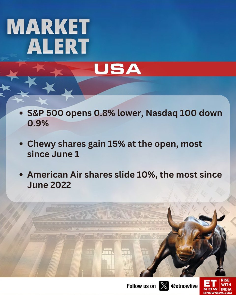 ETNOWlive's tweet image. US Markets At Open | S&amp;amp;P 500 opens 0.8% lower, Nasdaq 100 down 0.9%; these are the other highlights👇

@Nasdaq #Chewy #AmericanAir