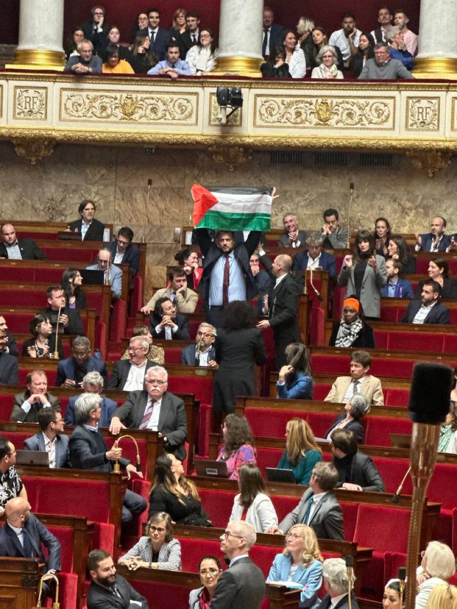 Hypocrisy at its finest!

The president of France’s National Assembly expels MP Sébastien Delogu for 15 days (maximum sanction) for waving a Palestinian flag, citing a ban on foreign flags.

Yet she herself wore an Israeli flag while presiding over the National Assembly session!