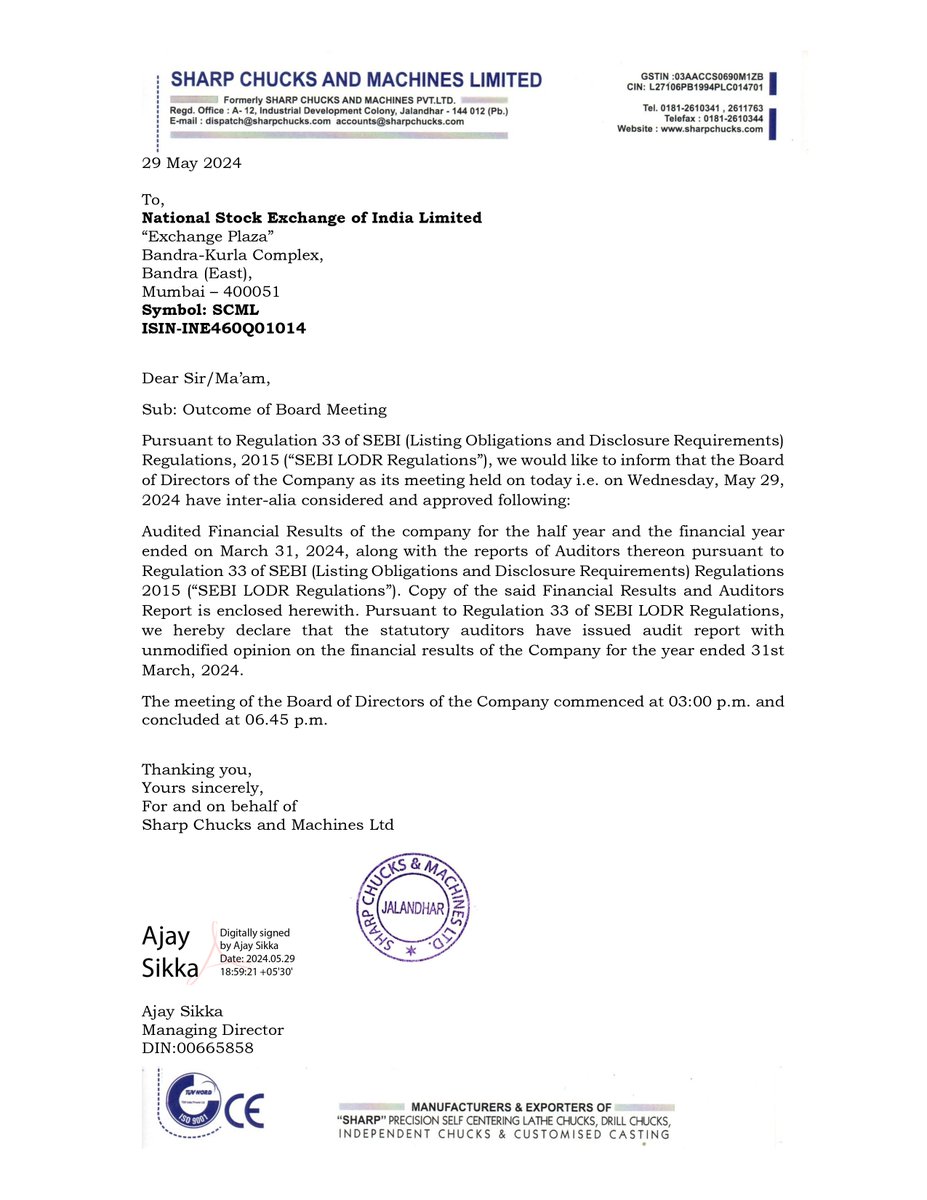 nileshkurhade's tweet photo. 📌 Sharp Chucks and Machines Ltd informed the exchange about the approval of the audited financial results for the half year and financial year ended March 31, 2024.  #SME #SCML 📈📊 https://t.co/hrOuJ5MeGO