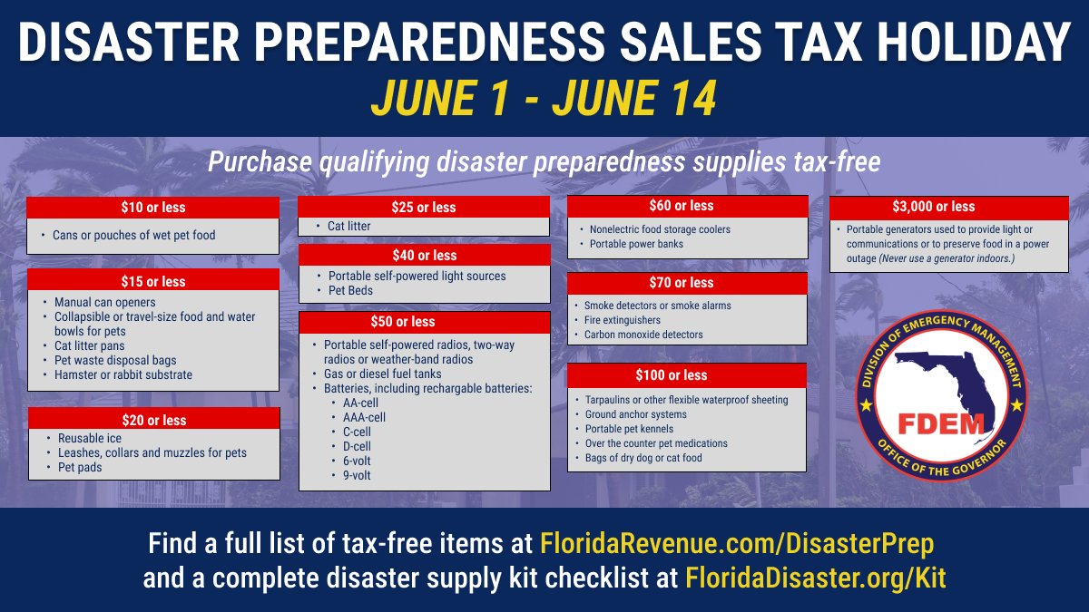 FLSERT's tweet photo. Florida Division of Emergency Management Encourages Floridians to Take Advantage of Florida’s Two Disaster Sales Tax Holidays for the 2024 Atlantic Hurricane Season.

Read more here: https://t.co/JCYQ4v1XGR https://t.co/4fu7CiLYYw