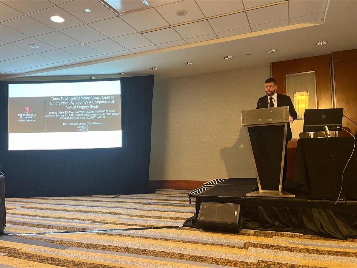 OhioStateENT's tweet image. Ahmad Odeh, a medical student who took a gap year research in Dr. Kai Zhao&apos;s lab, presented an oral presentation at the #COSM Triologic society meeting, entitled, “Does Total Turbinectomy Always Lead to Empty Nose Syndrome? A Computational Virtual Surgery Study.”