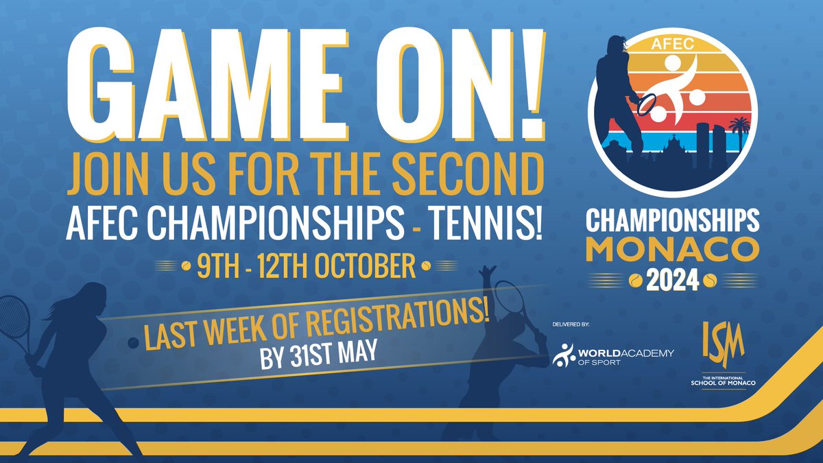 🎾🏆 Last call for registrations! 🏆🎾 Student-athletes, the AFEC Championships - Tennis 2024 in Monaco are approaching fast. Register by 31st May to compete on an international stage! 🌍⏳ 👉 waos.wufoo.com/forms/m1jw9ck7… #AFECChampionships #Tennis2024 #Monaco #StudentAthletes