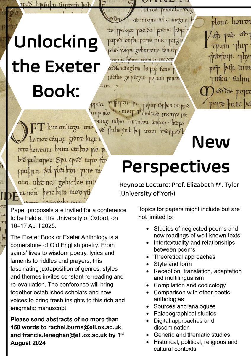 Paper proposals are invited for a conference on the Exeter Book, to be held in April next year!

<a href="/engfac/">Faculty of English</a> <a href="/MedEngOxon/">Medieval English</a>