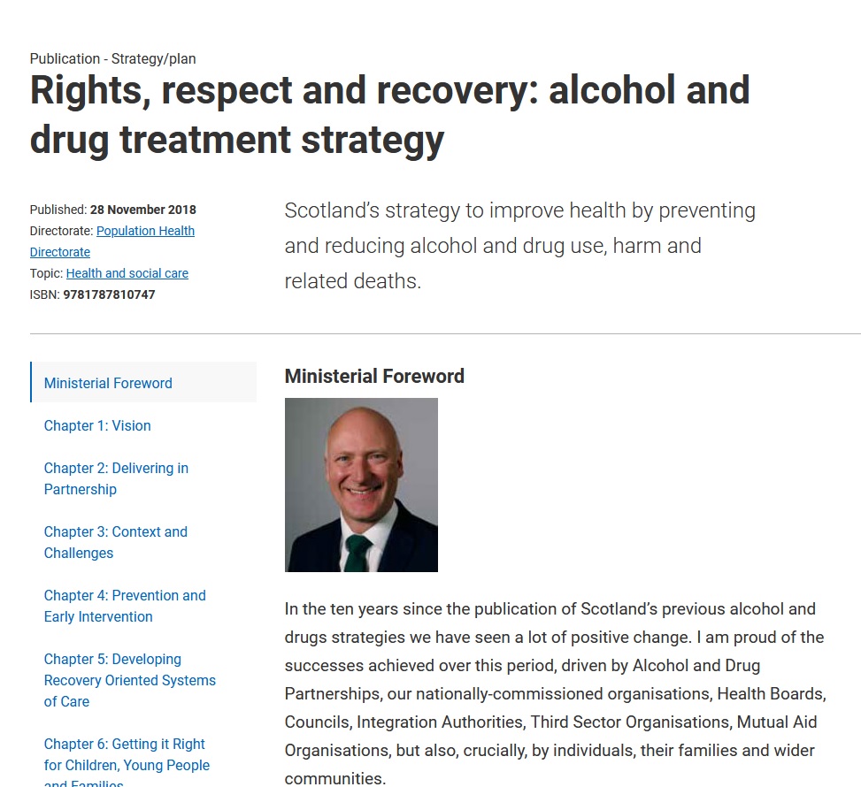 Another Goldie Oldie. This time is called 'Rights, Respect and Recovery' from 2018. Another Scots Govt alcohol and drug treatment 'strategy'. And another Minister. 

We need #Oorbill to #stopthedeaths

#BacktheBill #YouKeepTalkingWeKeepDying  #righttorecoverybill
